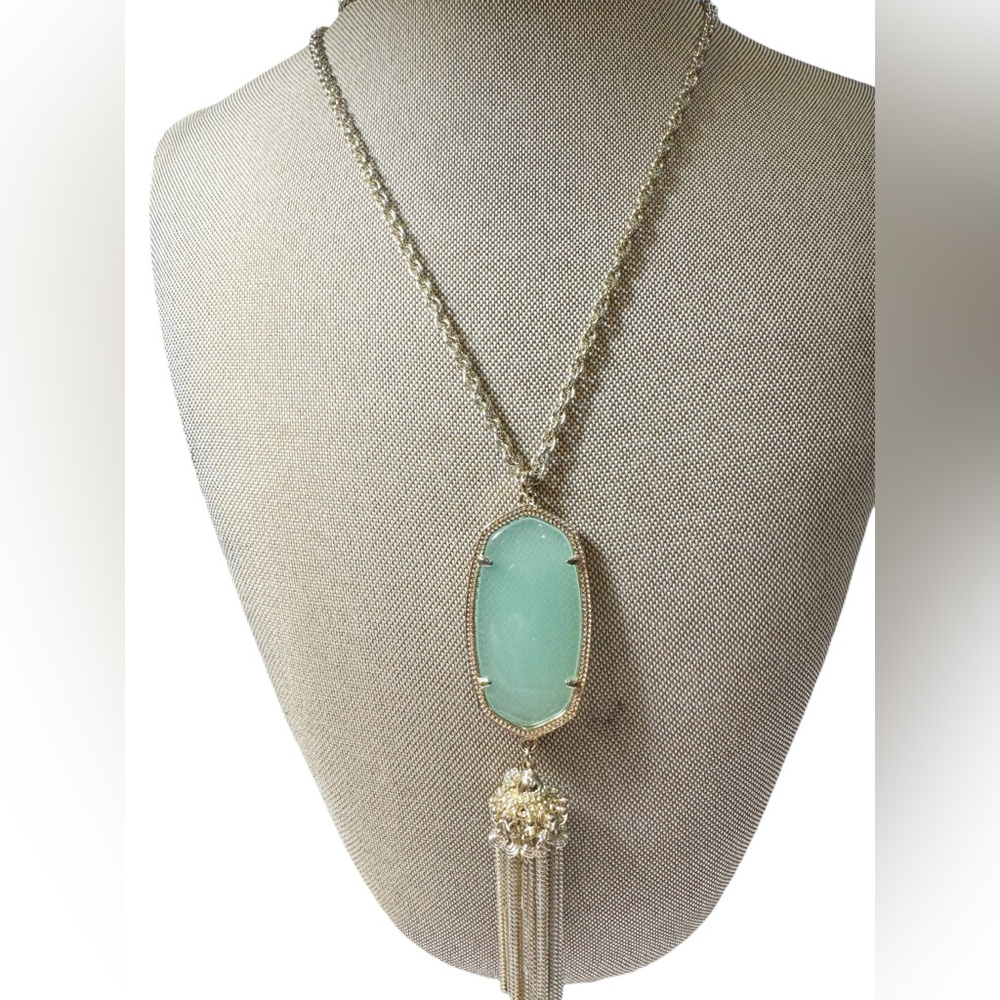 Kendra Scott Rayne Mint Green Gold Tone Necklace Chain 32" Pendant Tassel